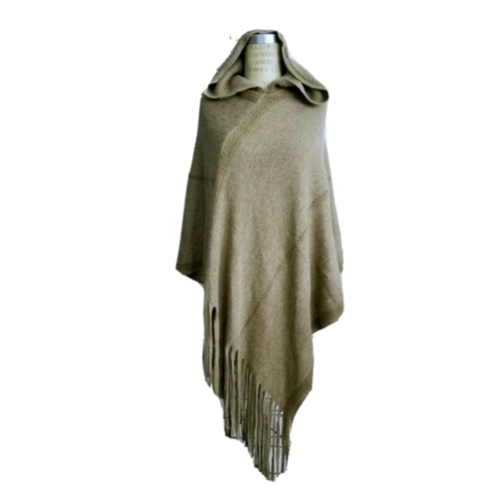NEW Khaki Long Asymmetric Poncho w/ Hood, 1 sz